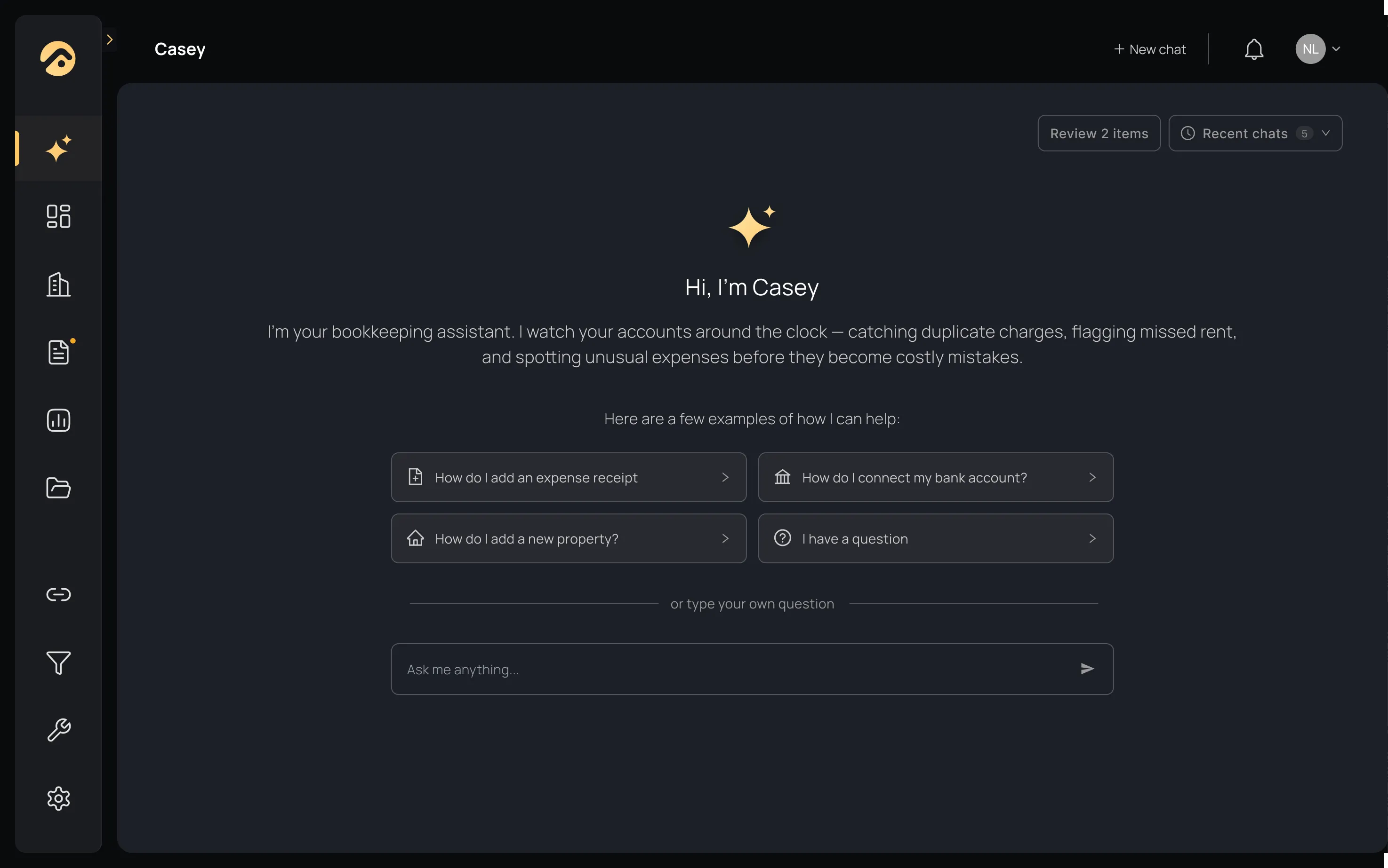 Casey's chat screen, offering example questions about adding a receipt, connecting a bank account and adding a property