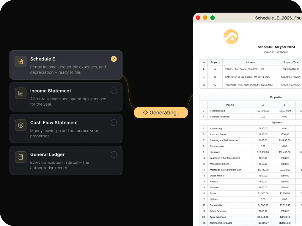 Schedule E, income statement, cash flow statement and general ledger being generated from FourCasa