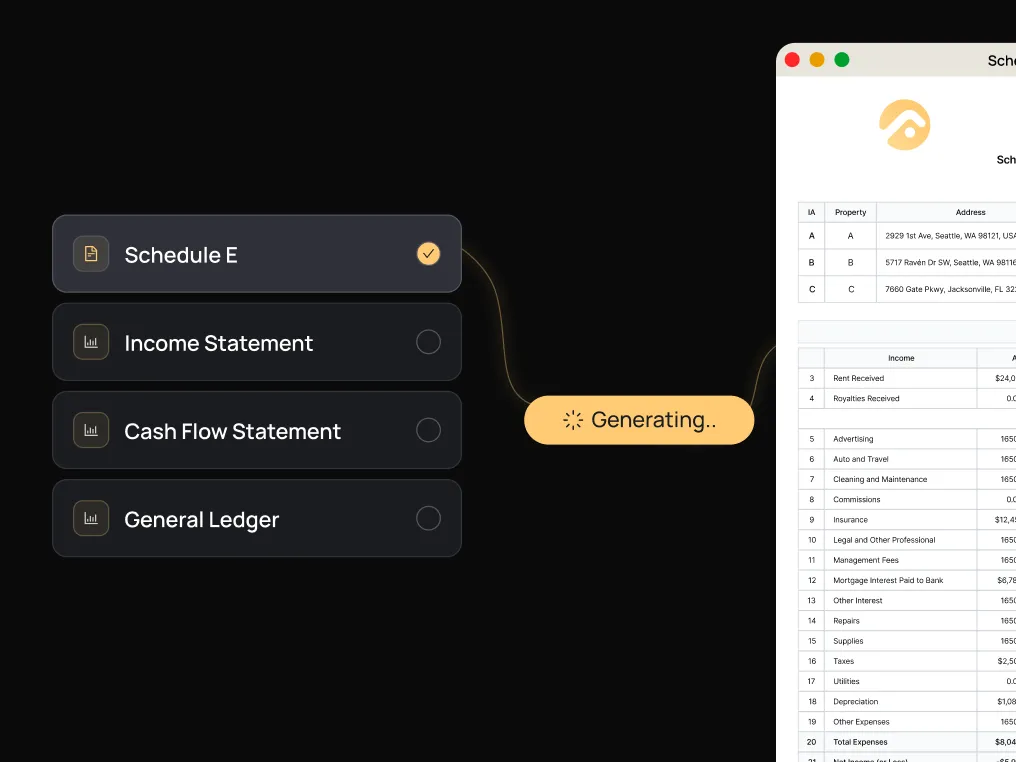 Schedule E, income statement, cash flow statement and general ledger being generated from FourCasa